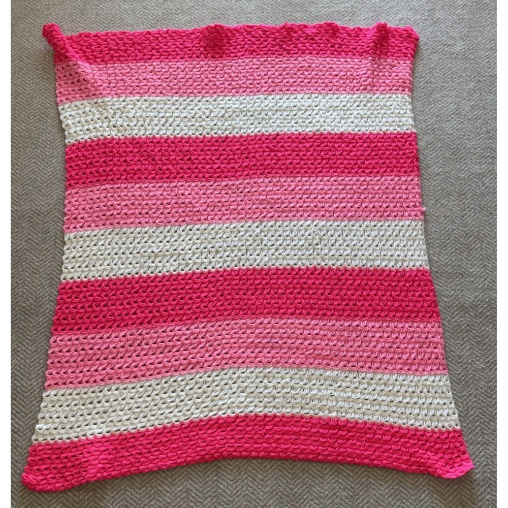 Handmade Crocheted Striped Afghan Throw Blanket Pink Coral White 44"x55"